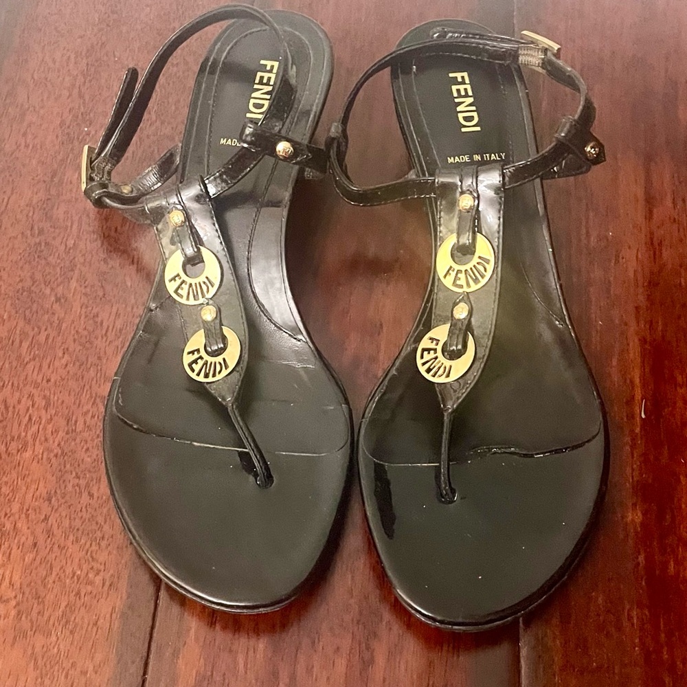 Fendi Black Sandals with Gold T-Strap Charm